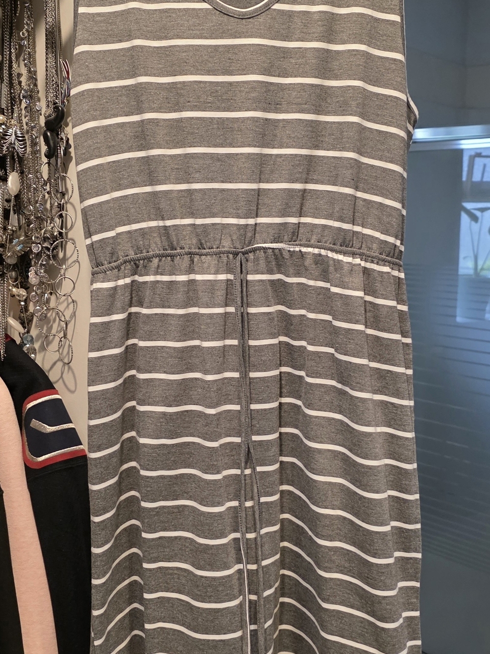 SHEIN Gray & White Striped Sleeveless Drawstring Casual Dress